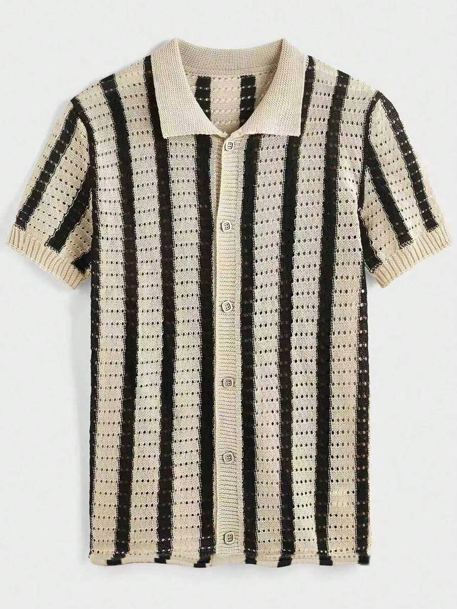 Mens Short Sleeve Crochet Knit Shirt Stripe Button Front – Vanto