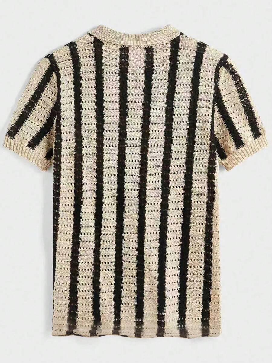 Mens Short Sleeve Crochet Knit Shirt Stripe Button Front – Vanto