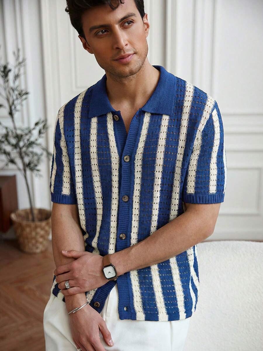 Mens Short Sleeve Crochet Knit Shirt Stripe Button Front – Vanto