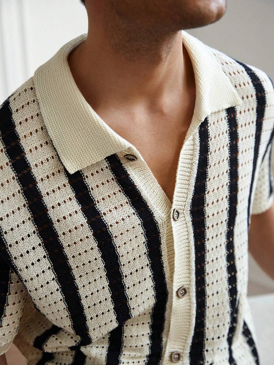 Mens Short Sleeve Crochet Knit Shirt Stripe Button Front – Vanto