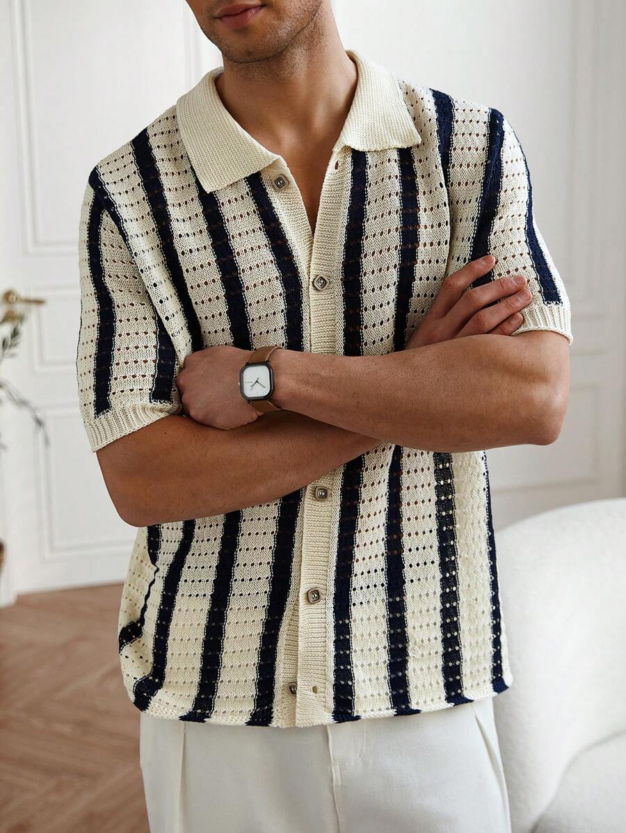 Mens Short Sleeve Crochet Knit Shirt Stripe Button Front – Vanto