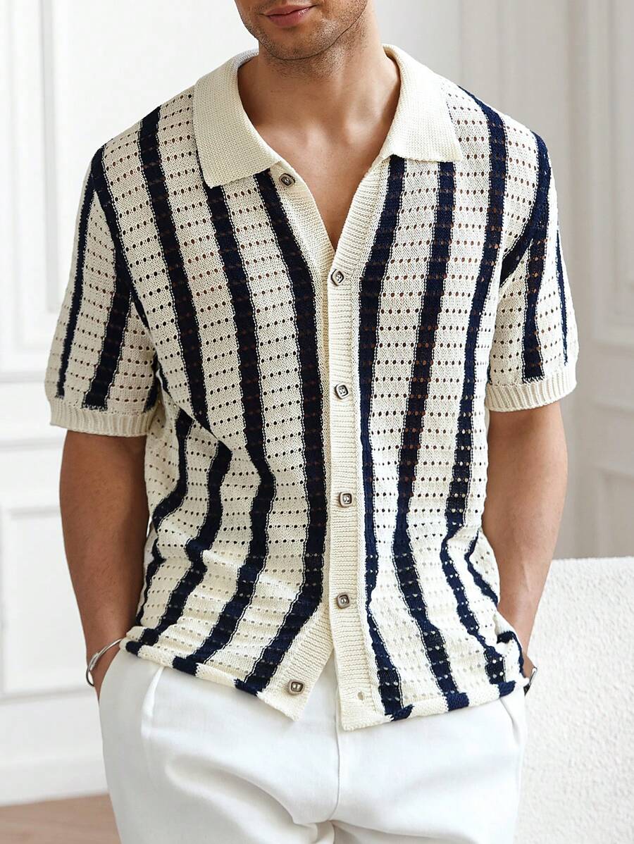 Mens Short Sleeve Crochet Knit Shirt Stripe Button Front – Vanto