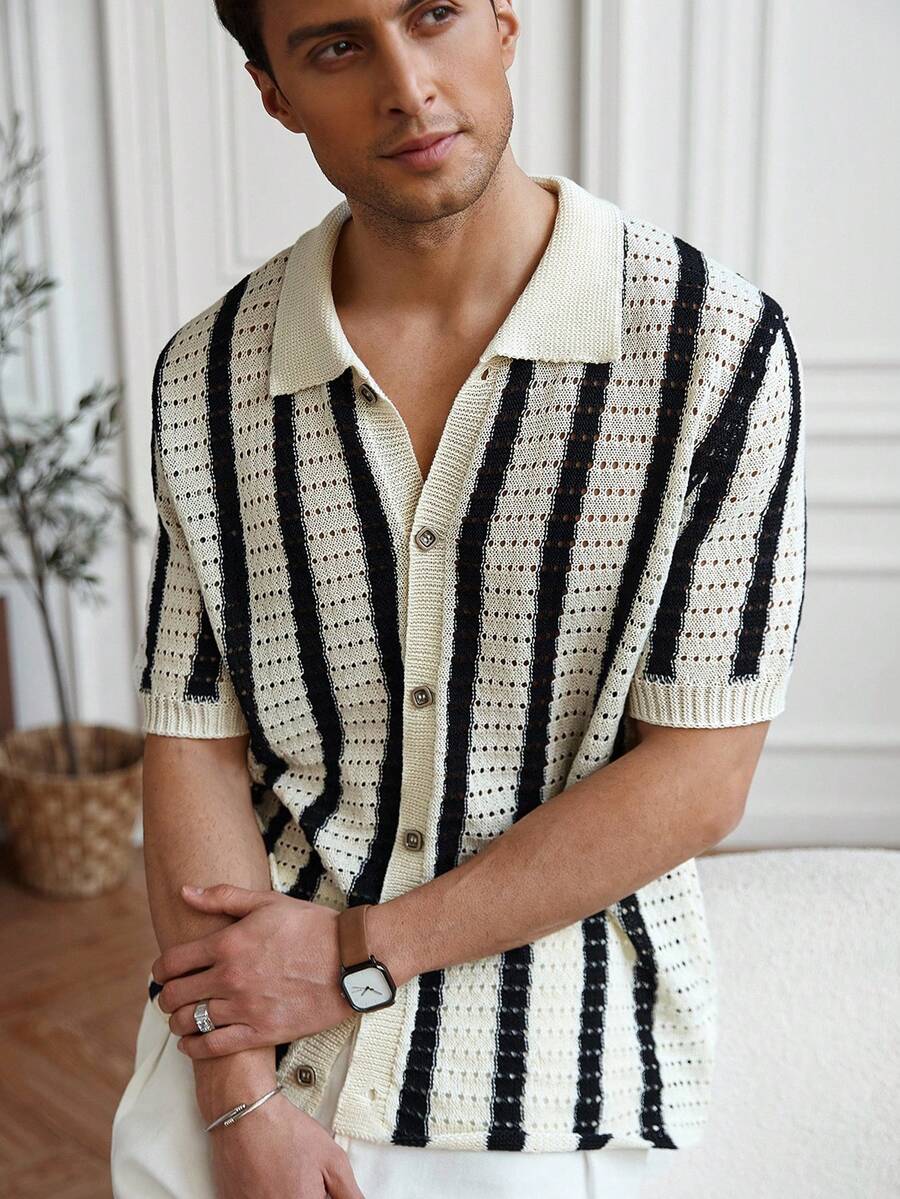 Mens Short Sleeve Crochet Knit Shirt Stripe Button Front – Vanto
