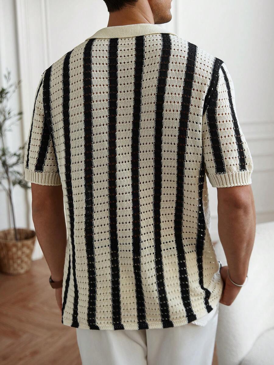 Mens Short Sleeve Crochet Knit Shirt Stripe Button Front – Vanto