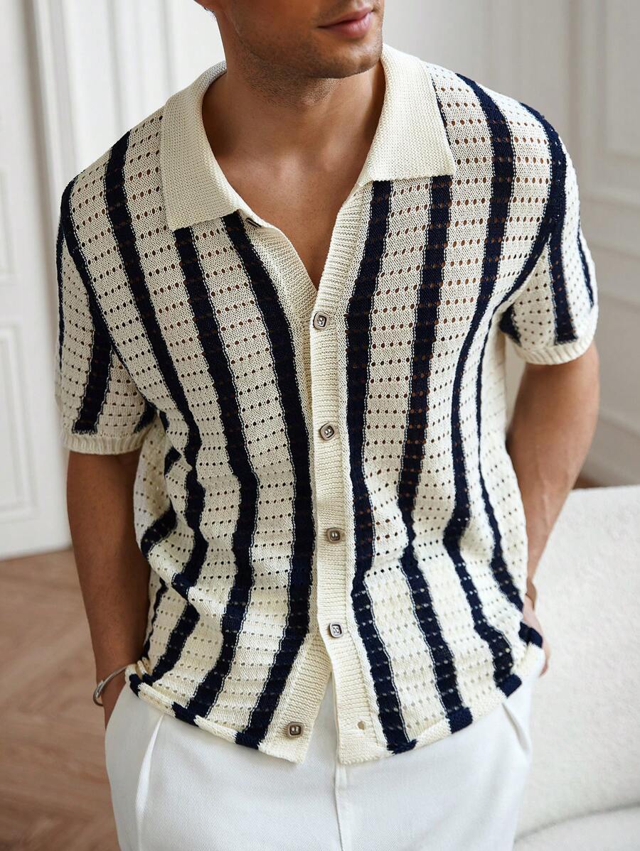 Mens Short Sleeve Crochet Knit Shirt Stripe Button Front – Vanto