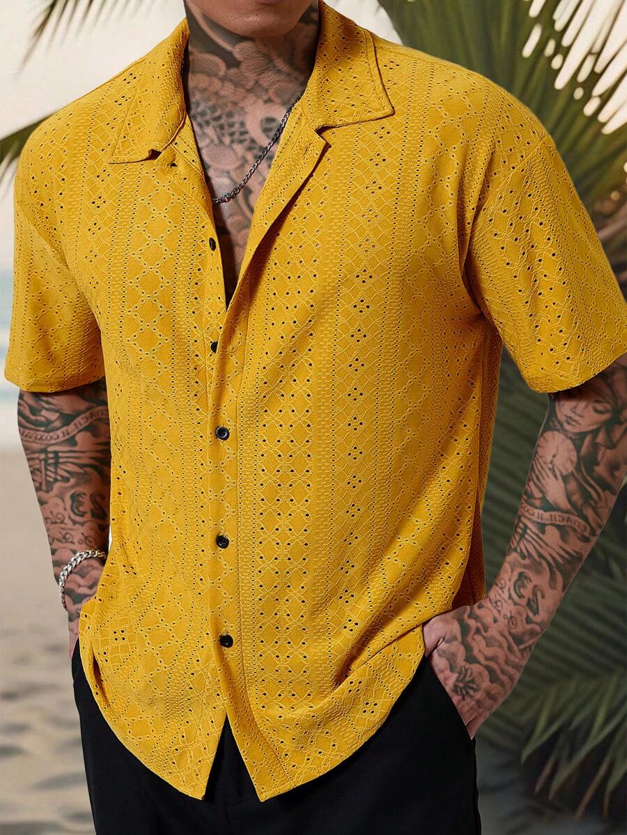 Crochet jacquard stripe short sleeve shirt in green – TARLANO