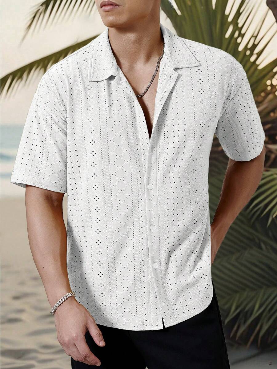 Mens Short Sleeve Crochet Shirt Jacquard Stripe Loose Fit – Darco