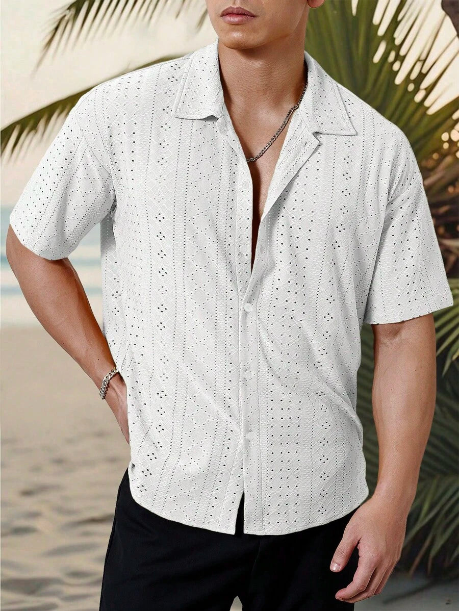 Mens Short Sleeve Crochet Shirt Jacquard Stripe Loose Fit – Darco