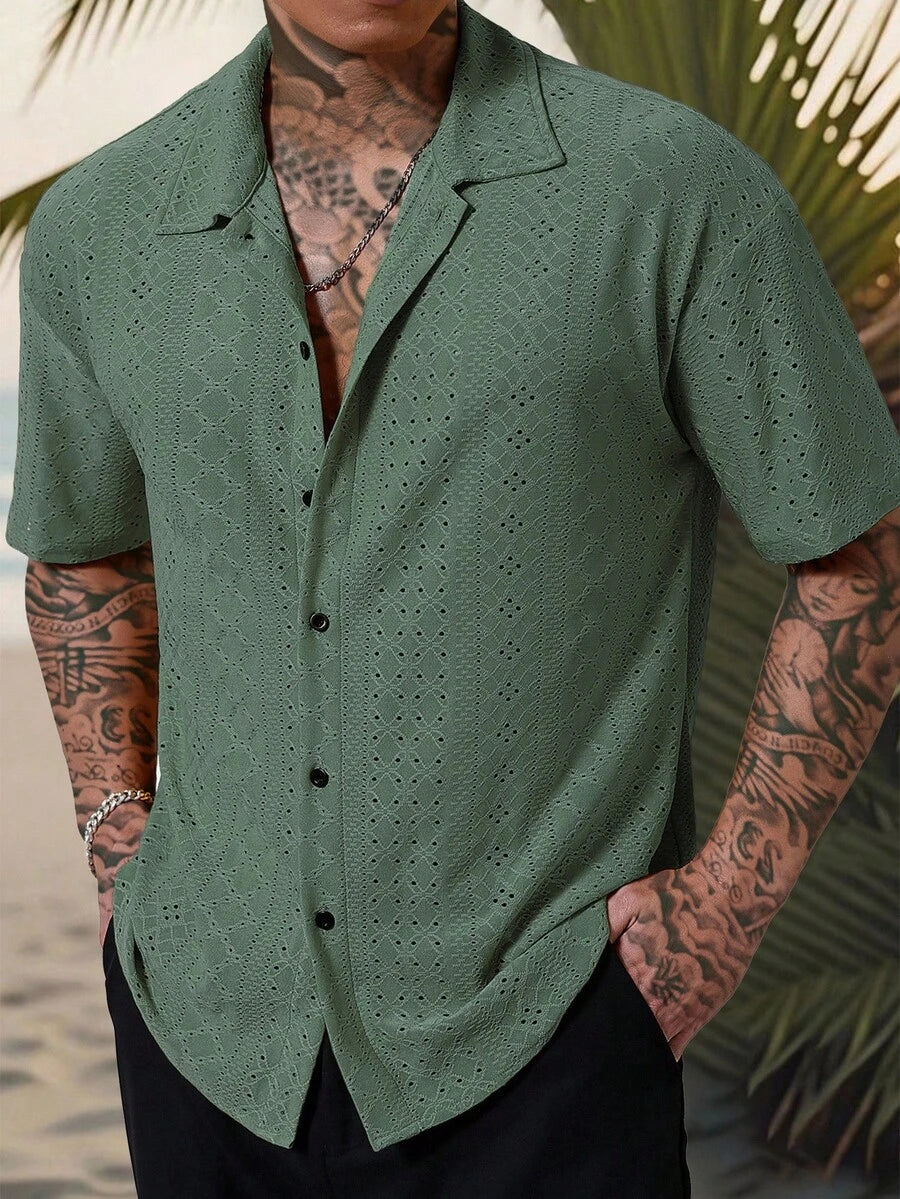 Mens Short Sleeve Crochet Shirt Jacquard Stripe Loose Fit – Darco