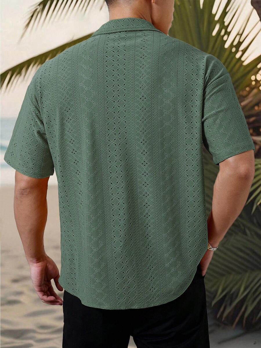Mens Short Sleeve Crochet Shirt Jacquard Stripe Loose Fit – Darco
