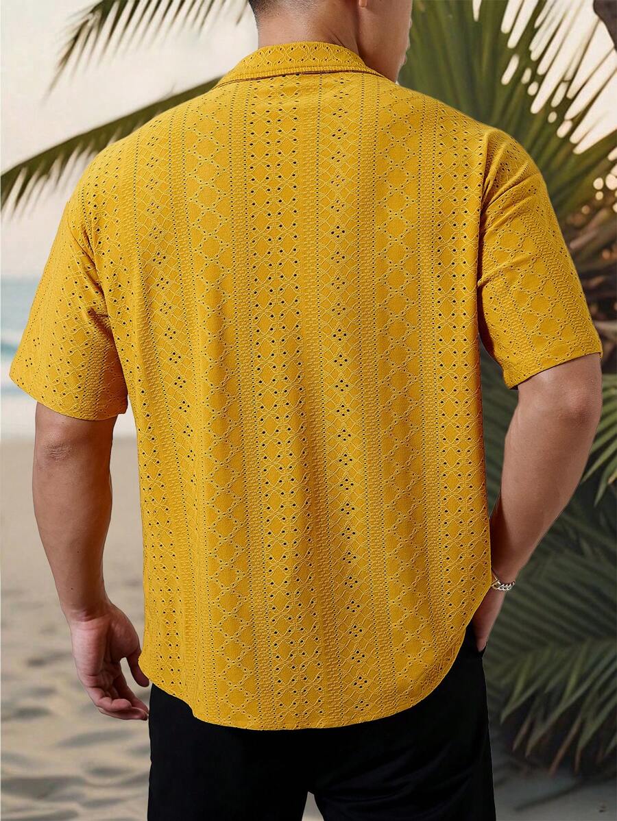 Model wearing crochet jacquard stripe shirt in green – TARLANO