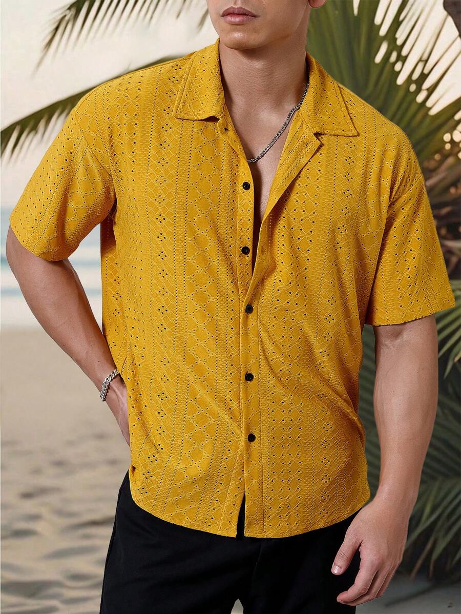 Mens Short Sleeve Crochet Shirt Jacquard Stripe Loose Fit – Darco