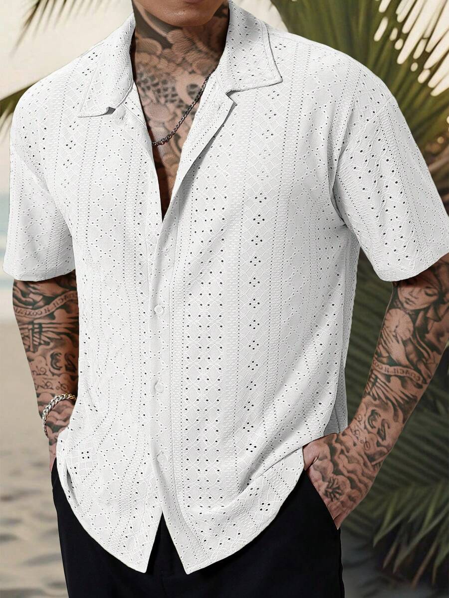 Mens Short Sleeve Crochet Shirt Jacquard Stripe Loose Fit – Darco