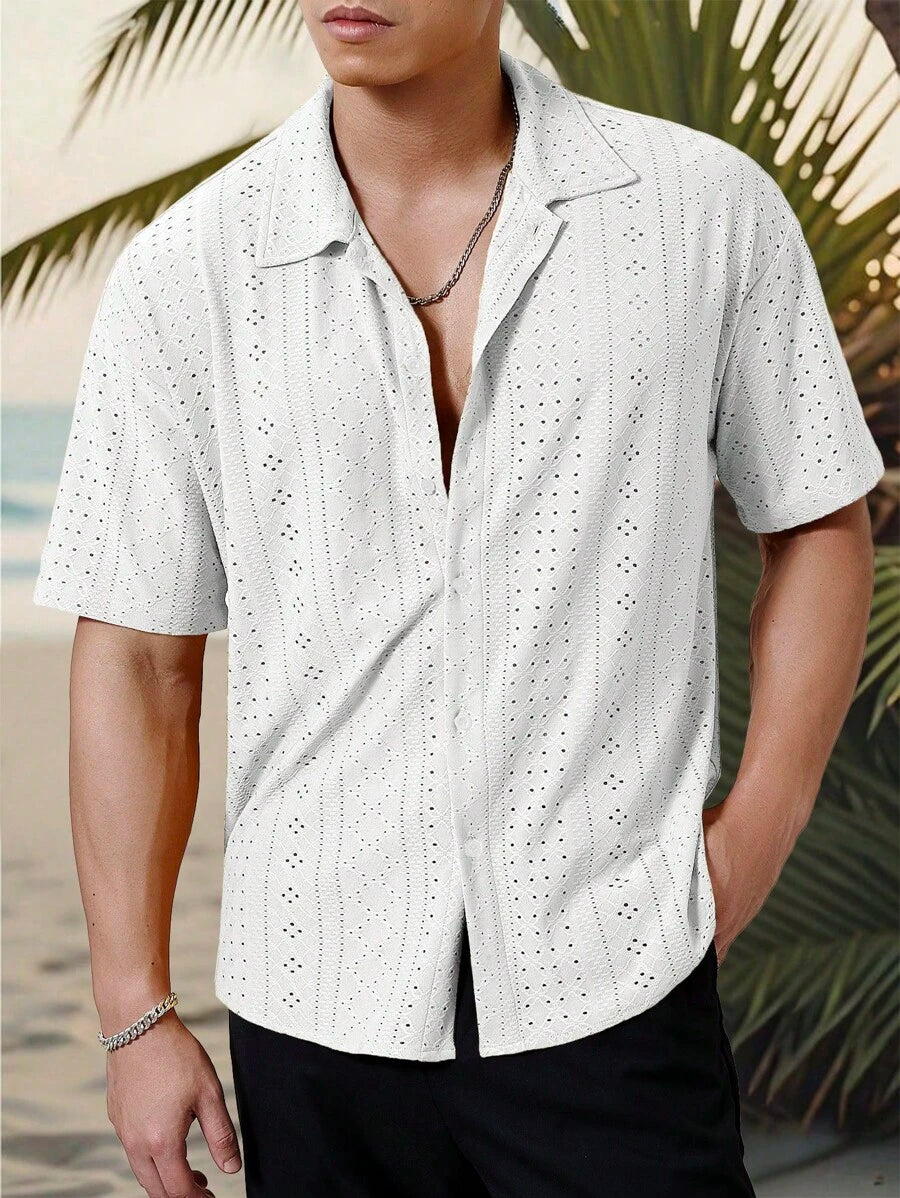 Mens Short Sleeve Crochet Shirt Jacquard Stripe Loose Fit – Darco