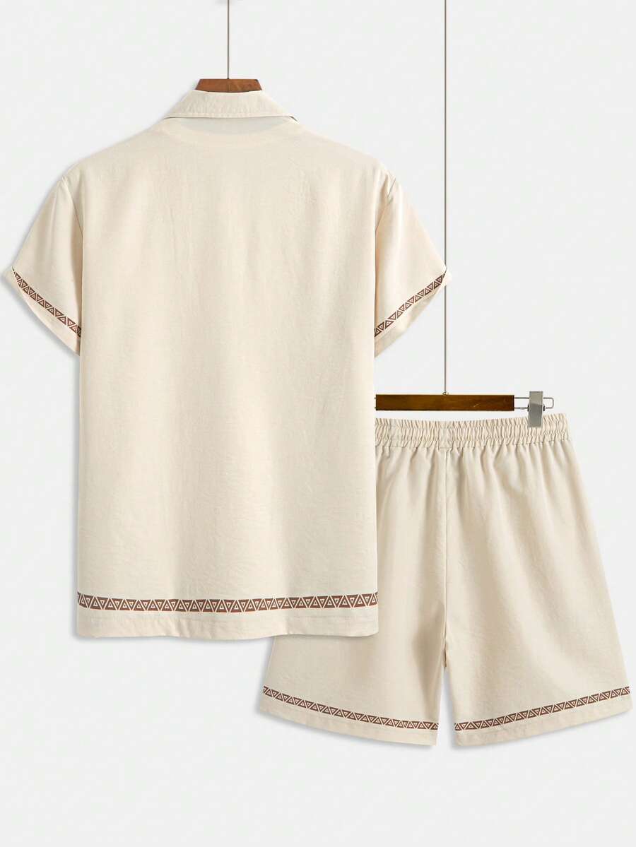 Model wearing graphic matched shirt and shorts set in apricot – TARLANO