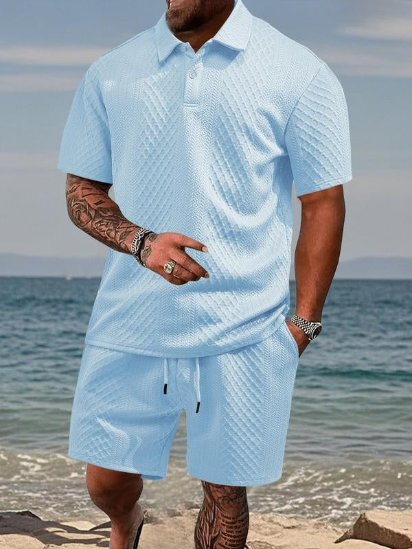 Mens Short Sleeve Knit Polo Set Geometric Pattern Drawstring Shorts – Ronco
