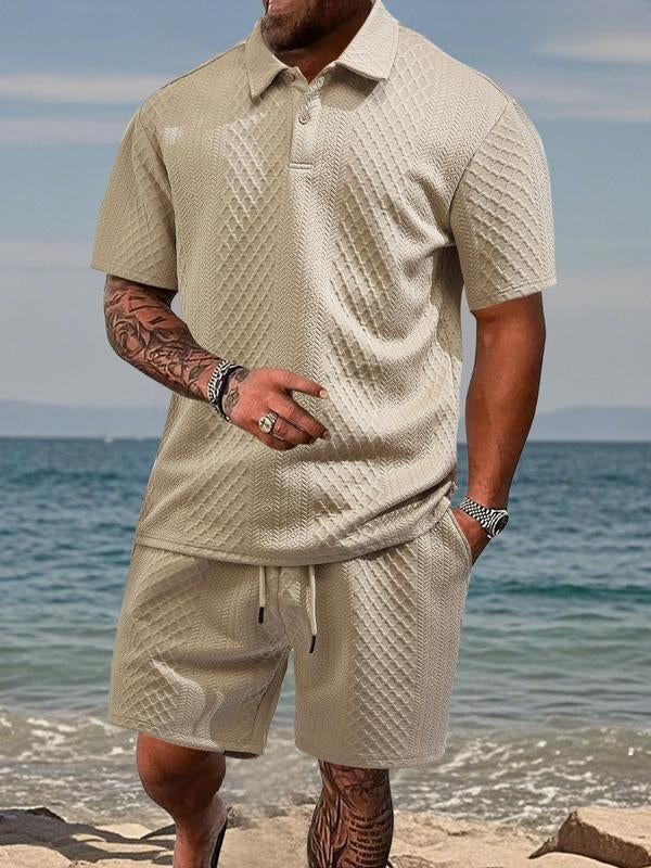 Mens Short Sleeve Knit Polo Set Geometric Pattern Drawstring Shorts – Ronco