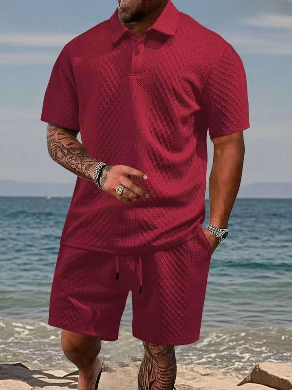 Mens Short Sleeve Knit Polo Set Geometric Pattern Drawstring Shorts – Ronco