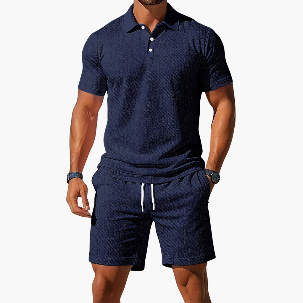 Model wearing polo and shorts two-piece set in Black – TARLANO