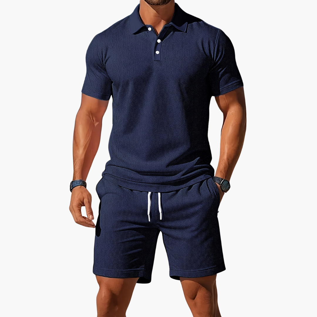 Model wearing polo and shorts two-piece set in Black – TARLANO