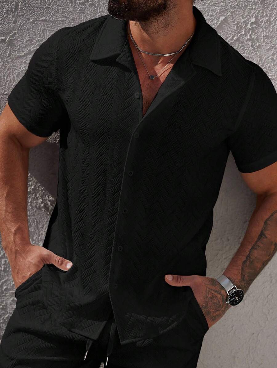 Mens Short Sleeve Shirt Solid Color Single-Breasted Casual – Vanto