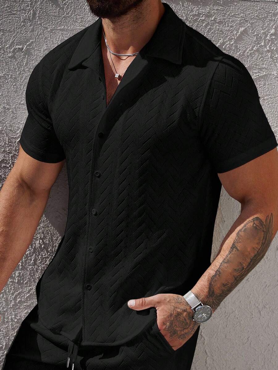 Mens Short Sleeve Shirt Solid Color Single-Breasted Casual – Vanto