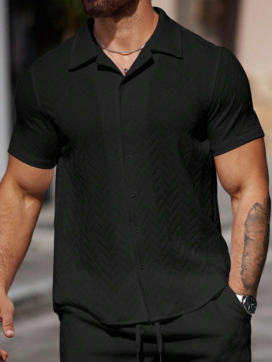 Mens Short Sleeve Shirt Solid Color Single-Breasted Casual – Vanto