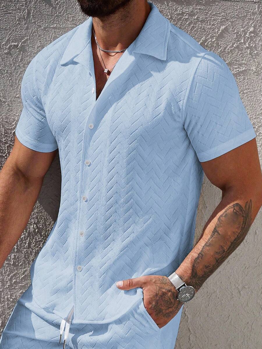 Mens Short Sleeve Shirt Solid Color Single-Breasted Casual – Vanto