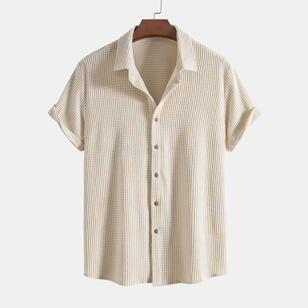 Model wearing waffle knit button shirt and drawstring shorts in beige – TARLANO