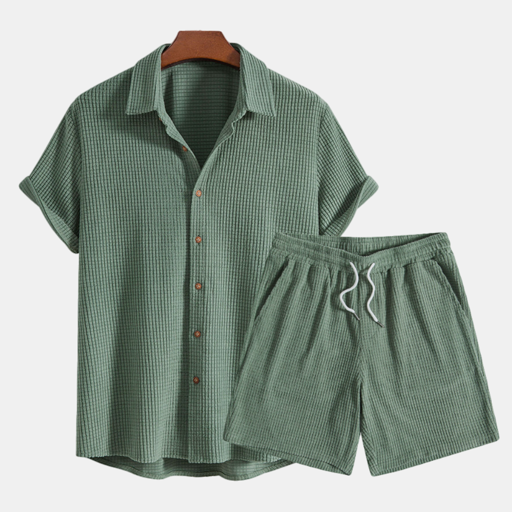Mens Short Sleeve Waffle Knit Lounge Set Button Shirt Drawstring Shorts – Ranvo