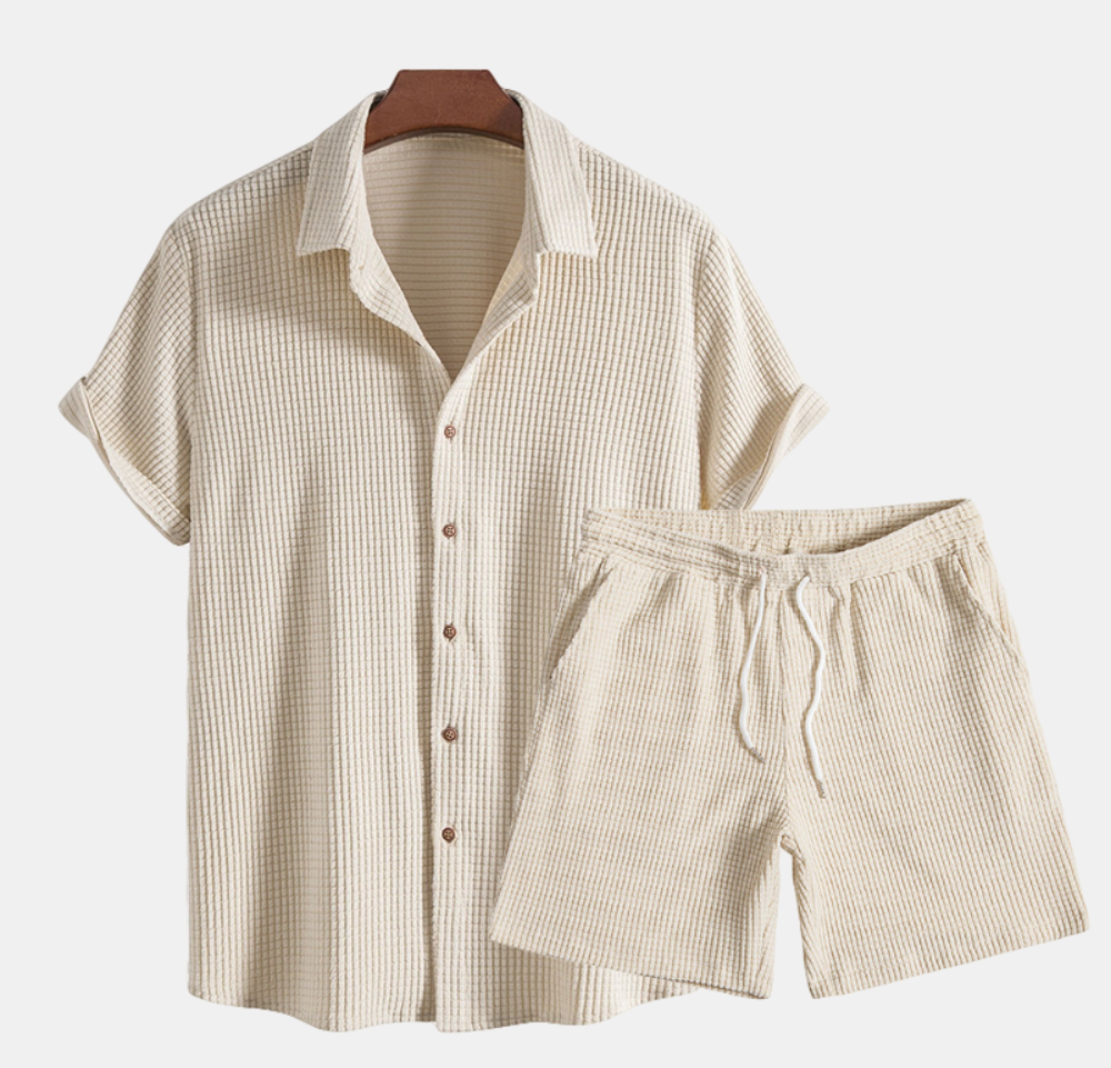 Mens Short Sleeve Waffle Knit Lounge Set Button Shirt Drawstring Shorts – Ranvo