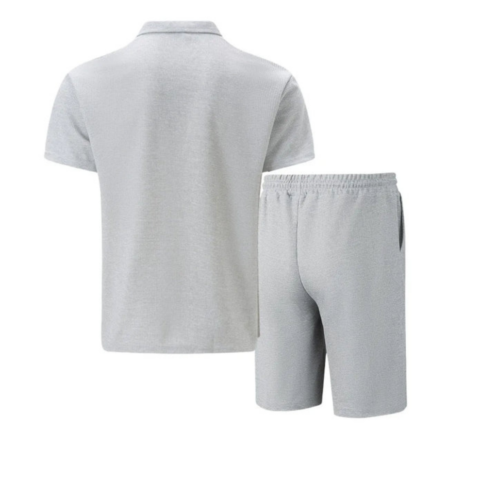 Mens Short Waffle Knit Polo Set Zip Placket Matching Shorts – Rancel