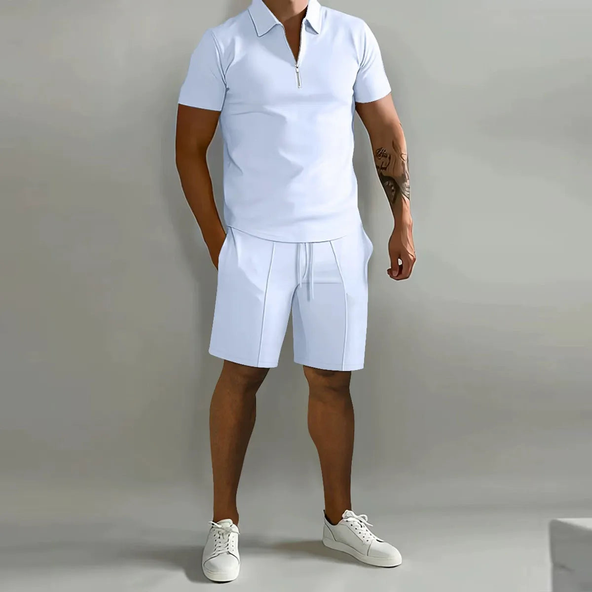 Mens Short Waffle Knit Polo Set Zip Placket Matching Shorts – Rancel