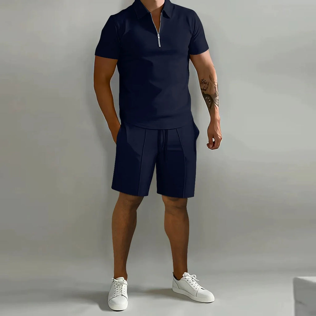 Mens Short Waffle Knit Polo Set Zip Placket Matching Shorts – Rancel