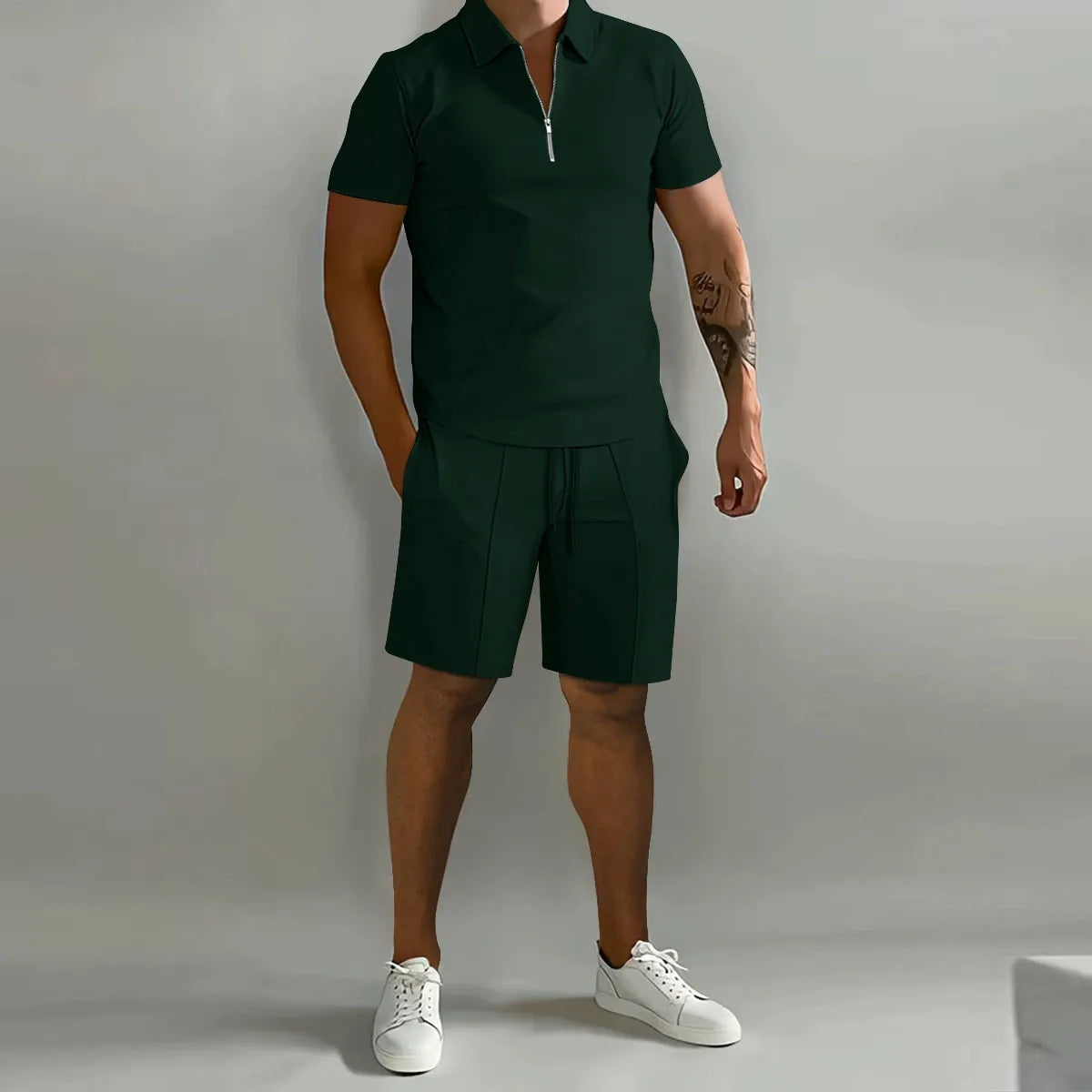 Mens Short Waffle Knit Polo Set Zip Placket Matching Shorts – Rancel