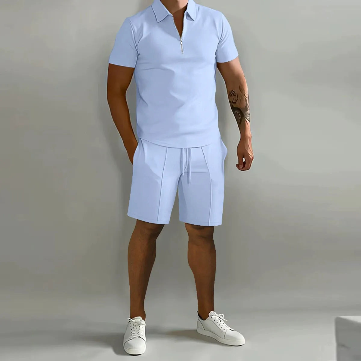 Mens Short Waffle Knit Polo Set Zip Placket Matching Shorts – Rancel