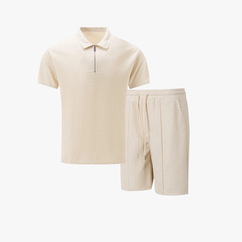 Mens Short Waffle Knit Polo Set Zip Placket Matching Shorts – Rancel
