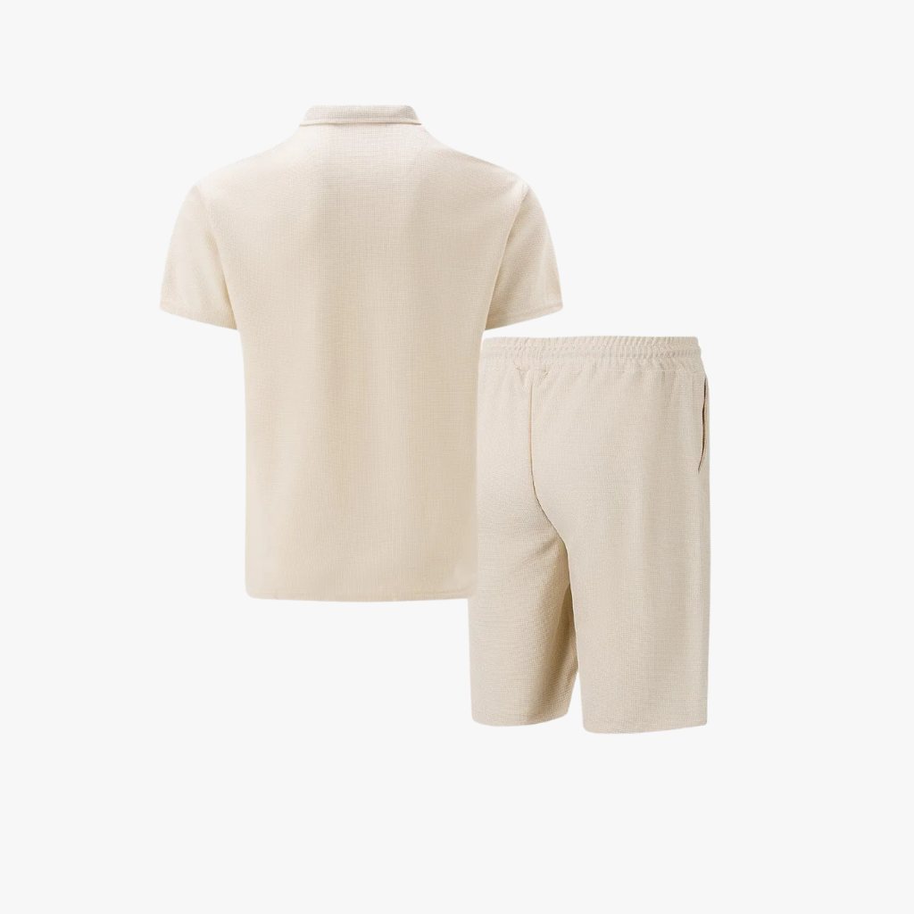 Mens Short Waffle Knit Polo Set Zip Placket Matching Shorts – Rancel