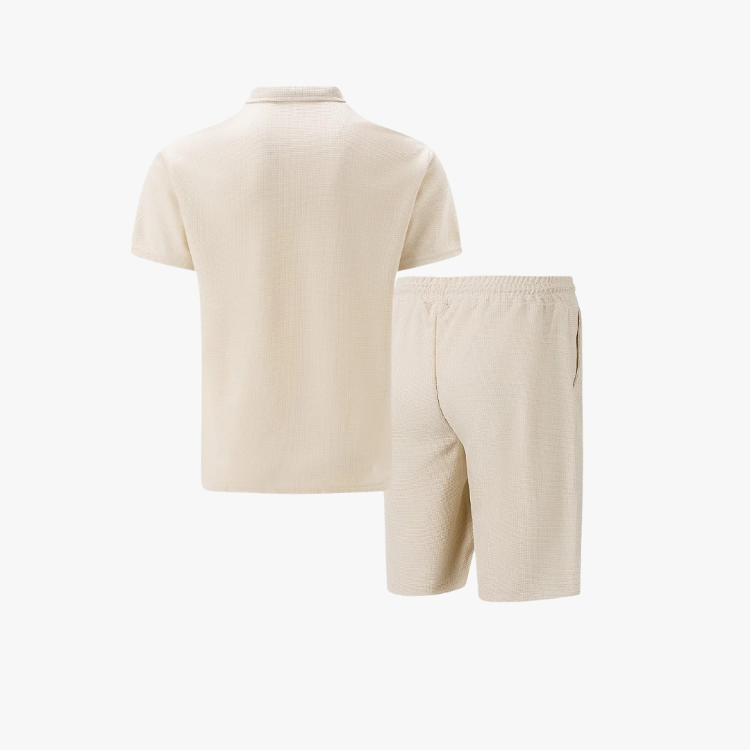 Mens Short Waffle Knit Polo Set Zip Placket Matching Shorts – Rancel