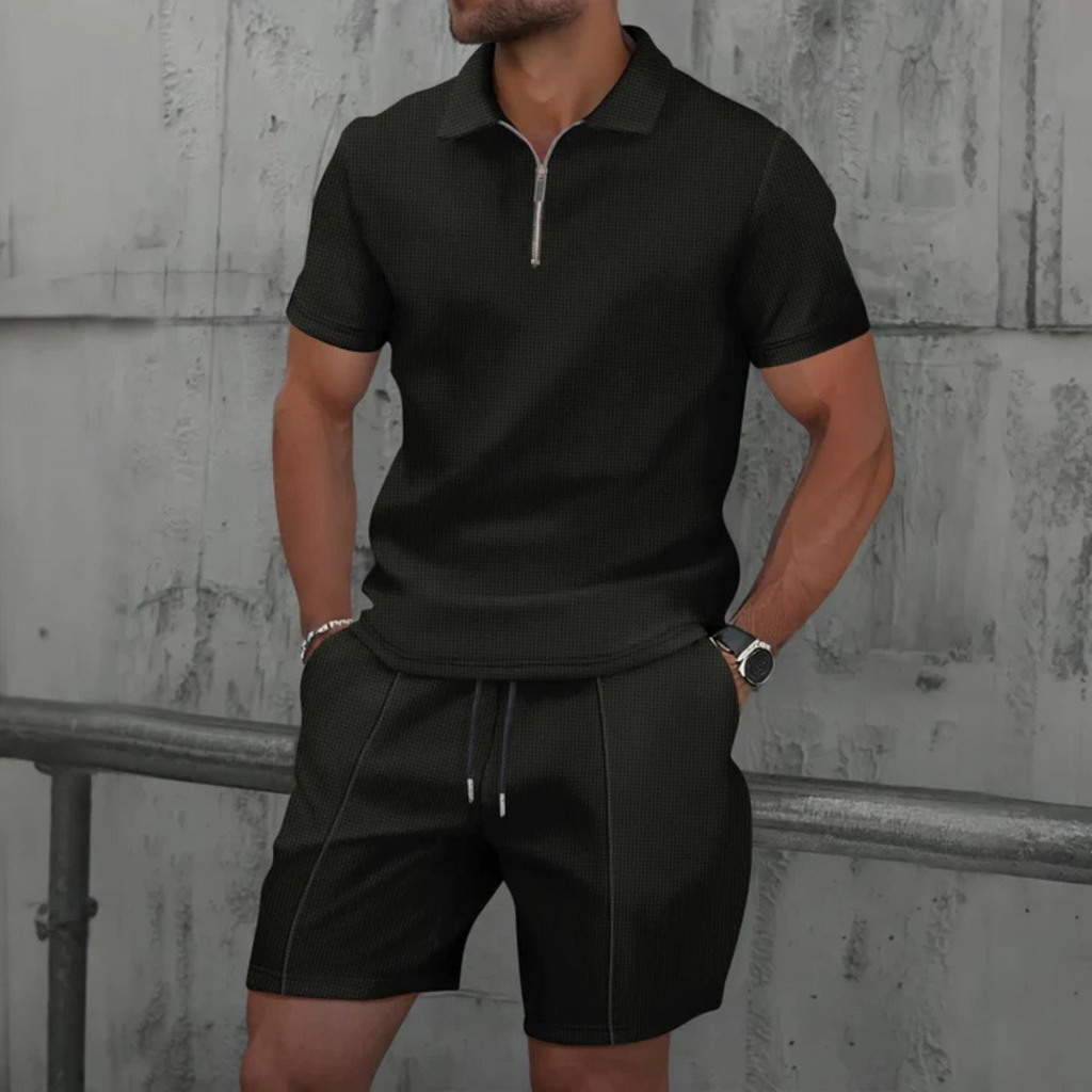 Mens Short Waffle Knit Polo Set Zip Placket Matching Shorts – Rancel