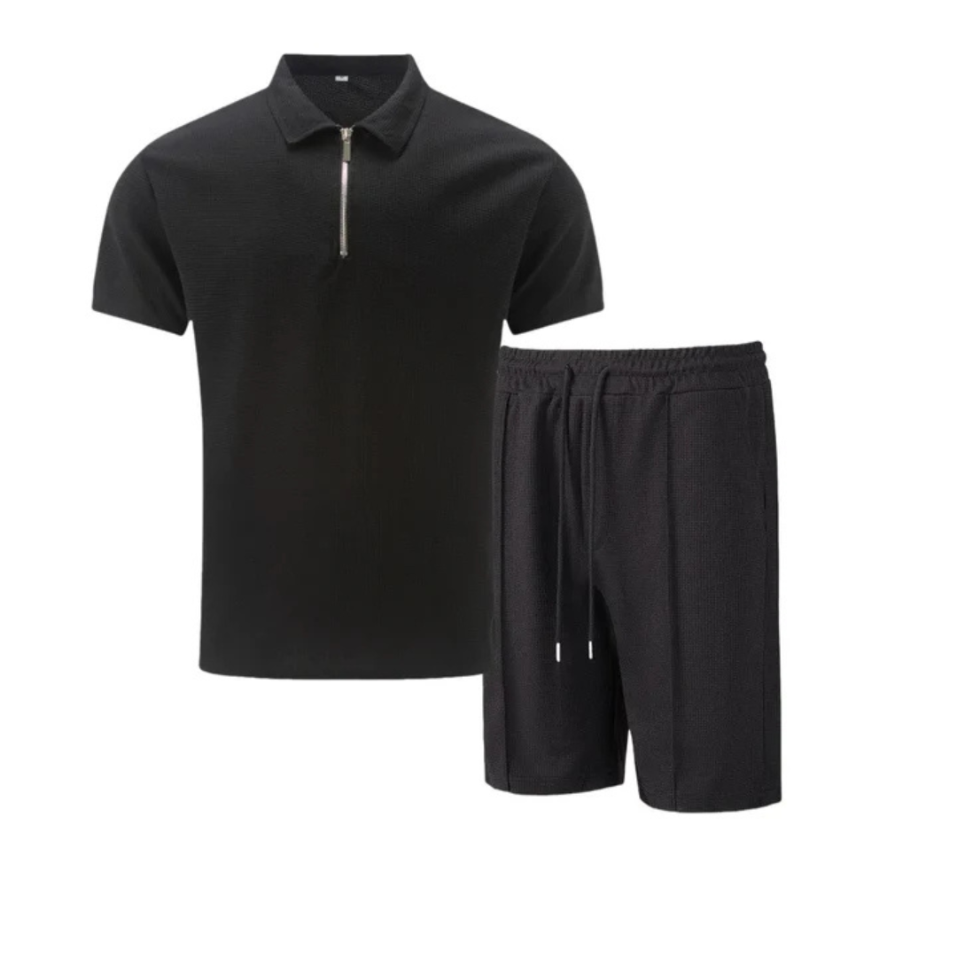 Mens Short Waffle Knit Polo Set Zip Placket Matching Shorts – Rancel