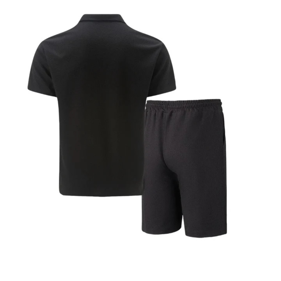 Mens Short Waffle Knit Polo Set Zip Placket Matching Shorts – Rancel