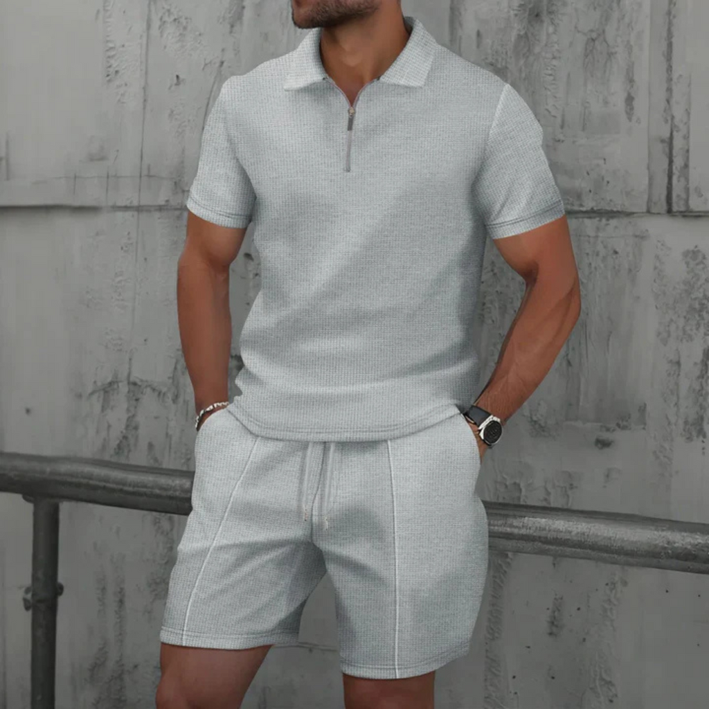 Mens Short Waffle Knit Polo Set Zip Placket Matching Shorts – Rancel