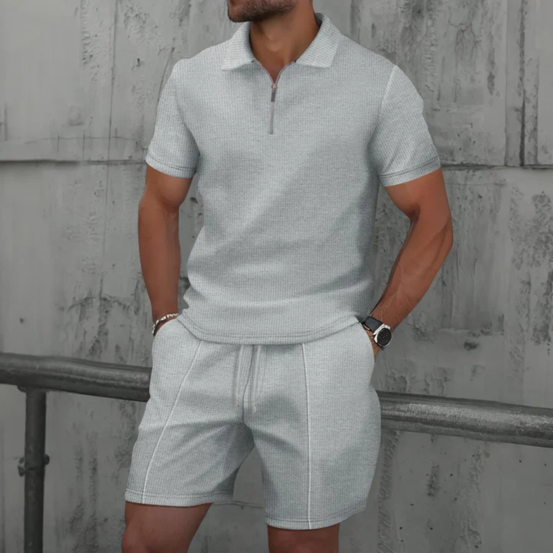 Mens Short Waffle Knit Polo Set Zip Placket Matching Shorts – Rancel