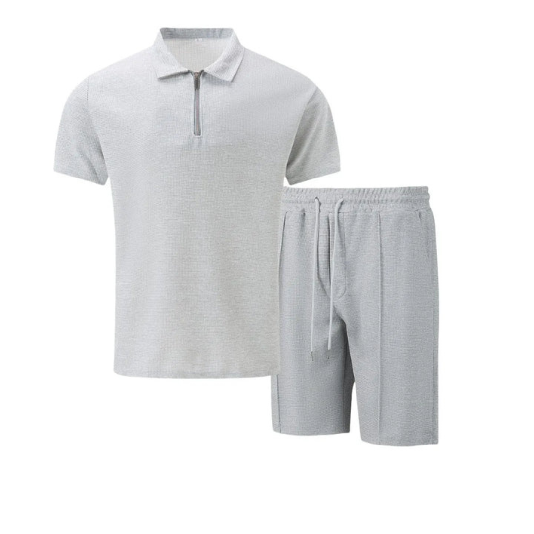 Mens Short Waffle Knit Polo Set Zip Placket Matching Shorts – Rancel