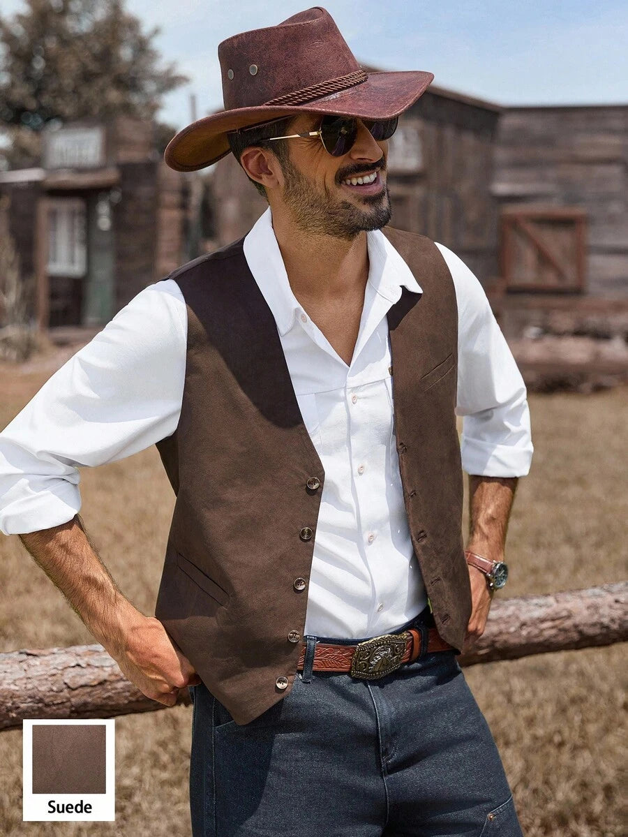 Close-up of suedette western waistcoat in brown – TARLANO