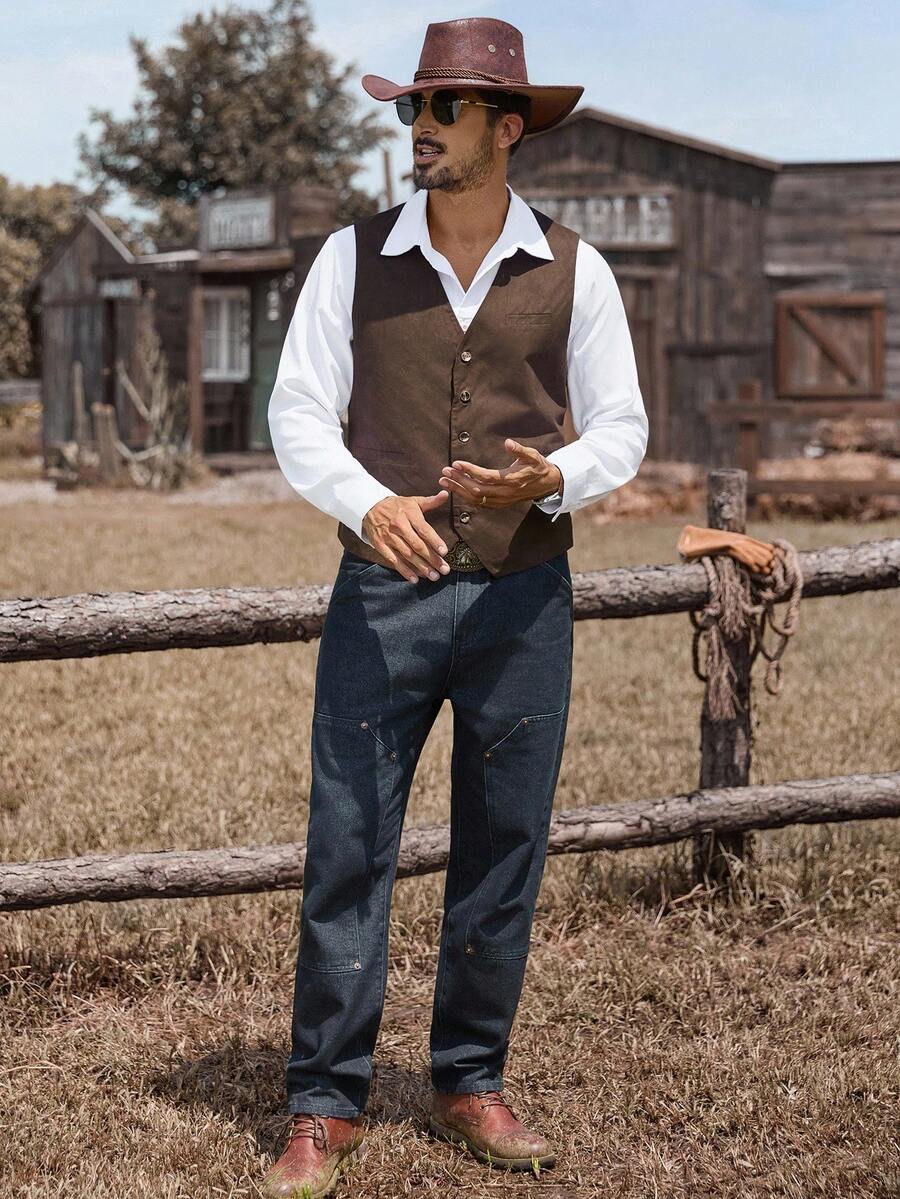 Men's Suedette Western Waistcoat Sleeveless V-Neck Vest – Ranvo