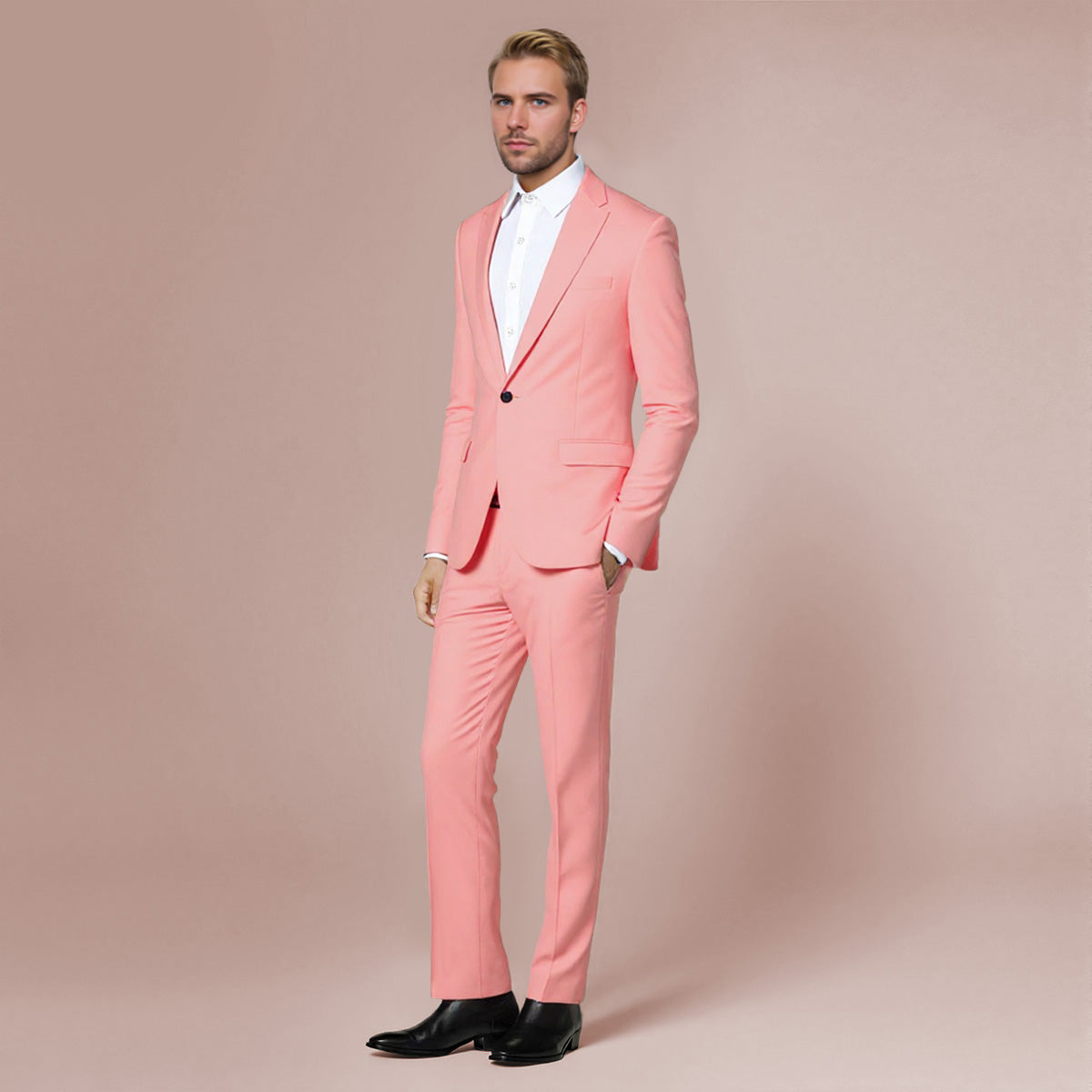Model wearing pink slim fit 2-piece suit in pink – TARLANO