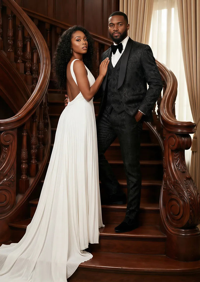Rhinestone shawl lapel 3-piece tuxedo suit in black – TARLANO