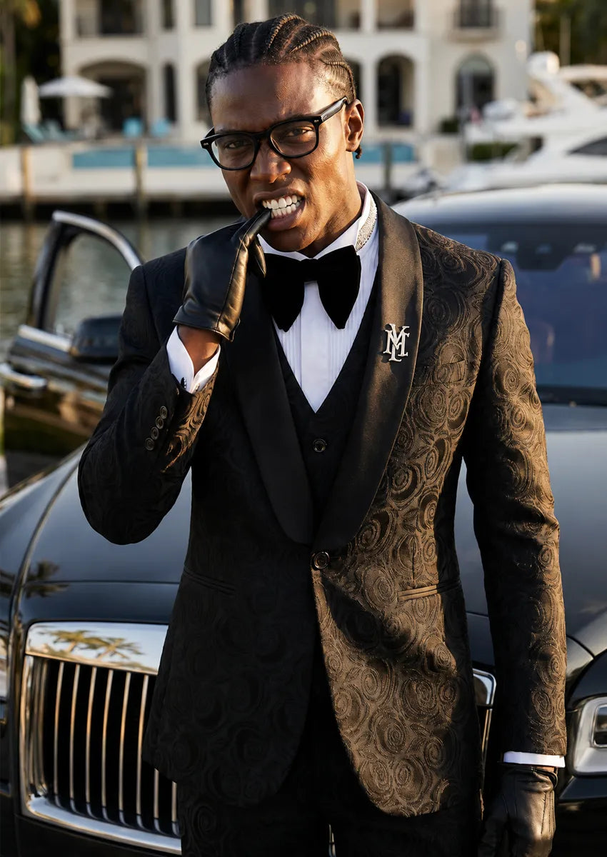 Model wearing black rhinestone shawl lapel 3-piece suit – TARLANO